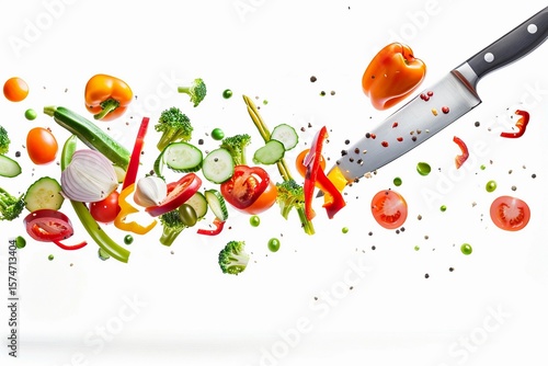 Colorful vegetables and herbs tossed in mid-air with a knife slicing through, showcasing a vibrant culinary scene in a bright kitchen environment