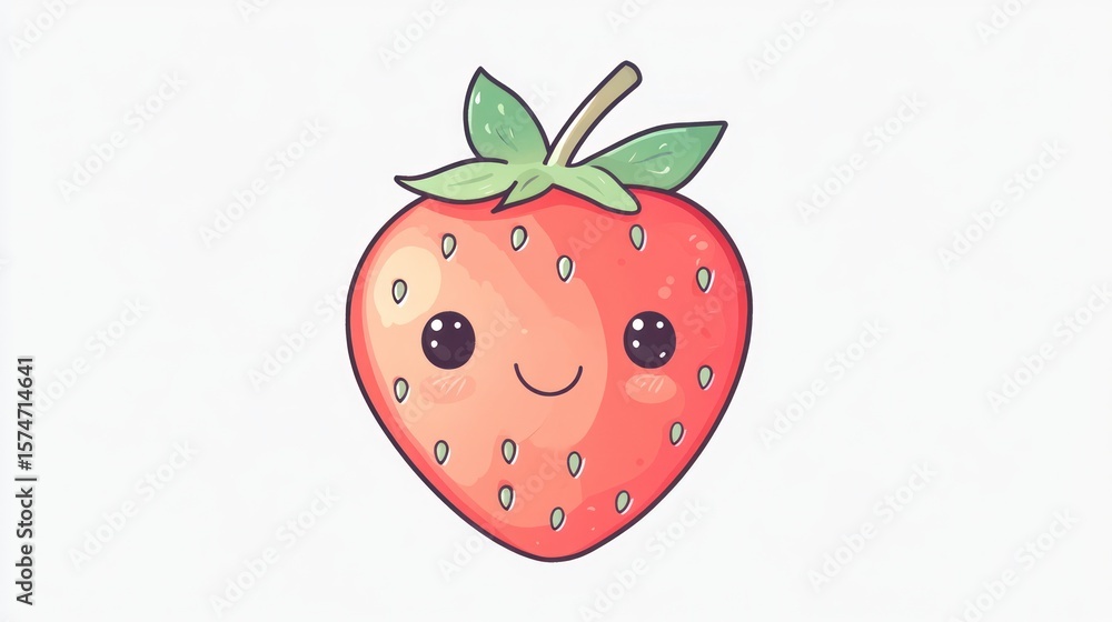 Obraz premium Cute cartoon strawberry, happy face, white background, food illustration