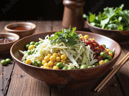 Straight-on tabletop view of a salad in a wooden bowl with shredded cabbage, edamame, and corn, sesame soy dressing in a small side dish, directional lighting creates bold shadows.