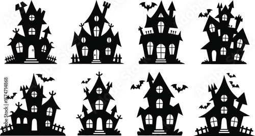 Spooky Halloween haunted houses silhouette collection, vector illustration