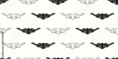 B2 bomber seamless pattern. Vector illustration of black and white silhouette of invisible military aircraft background. Geometric B2 plane ideal t-shirt textile fabric printing. EPS 10