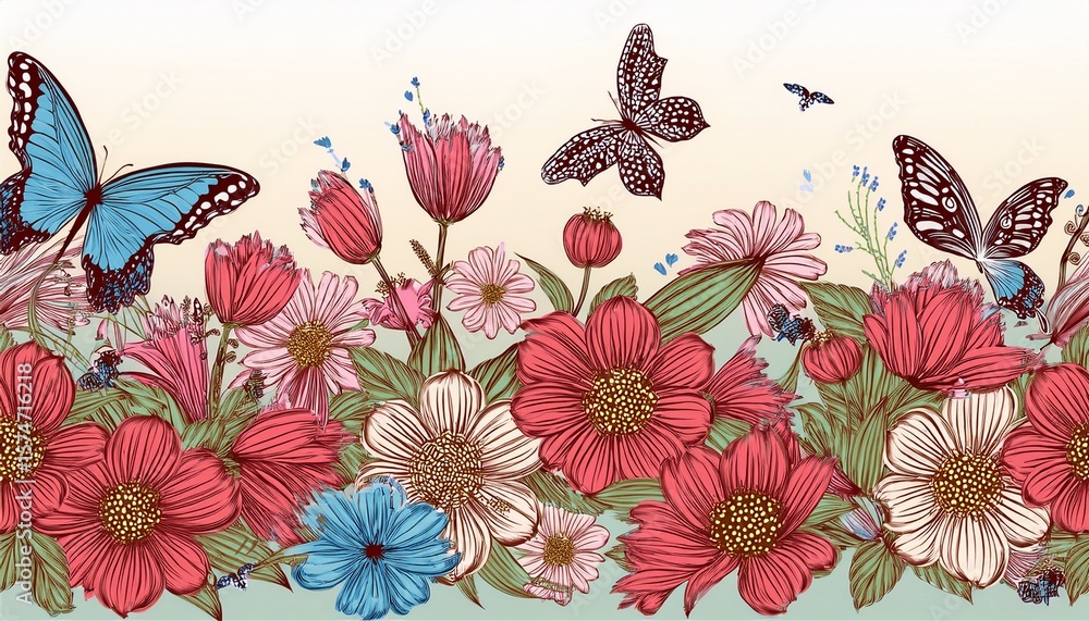 Fototapeta premium seamless border with flowers and butterflies