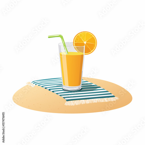 Beach towel and tropical drink on sand