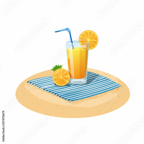 Beach towel and tropical drink on sand