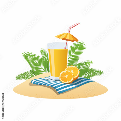 Beach towel and tropical drink on sand