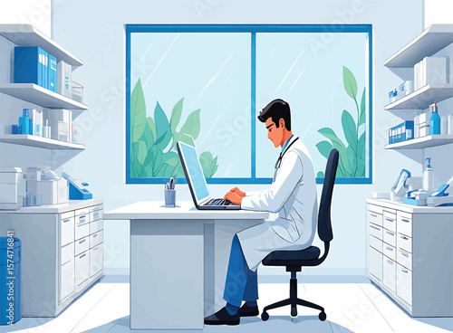Doctor Working on Laptop in Modern Clinic Office