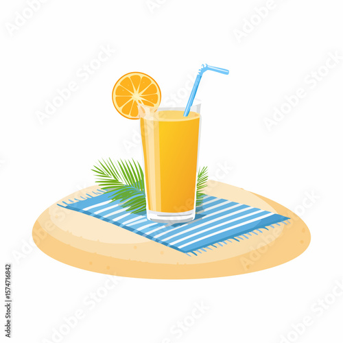 Beach towel and tropical drink on sand