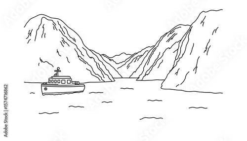 Boat sailing in a fjord surrounded by mountains - Concept of coloring page  