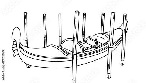 Venetian gondola illustration with bamboo poles in line art style  