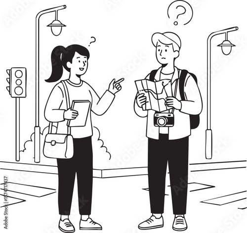 Line art illustration of a tourist looking lost asking a girl for directions in a city