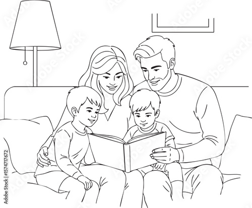 Line art illustration of a family reading a book together on the couch at home..