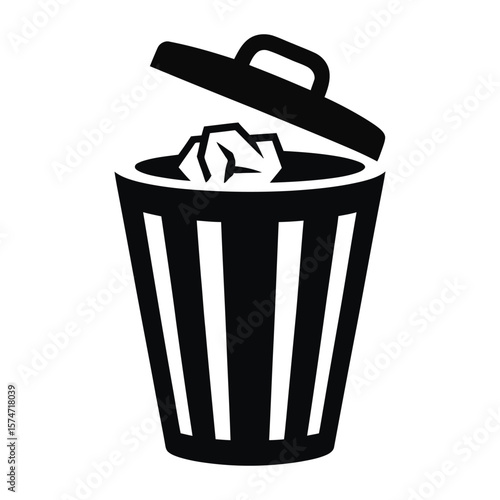 Black and White Trash Can Icon with Lid Open Showing Crumpled Paper Inside garbage can