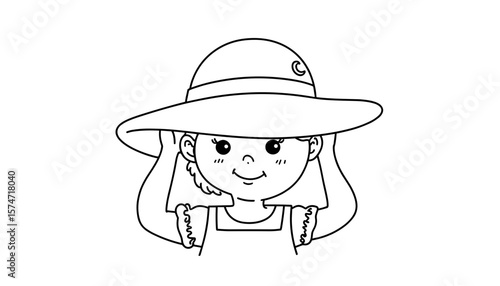 Young girl smiling while wearing a sun hat - Concept of coloring page  