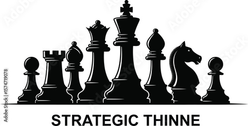 A black and white illustration of chess pieces lined up against a white background