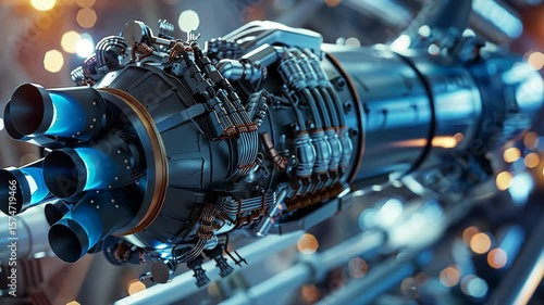  Futuristic space rocket engine, highly detailed design, sleek metallic surfaces, glowing blue thrusters, intricate piping, high-tech features
