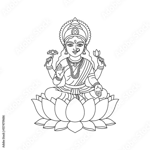Line art illustration of the hindu goddess lakshmi seated on a lotus flower holding lotuses in her hands isolated on transparent background