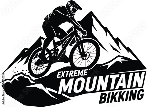 Silhouette of a mountain biker riding on a mountain with extreme mountain biking text