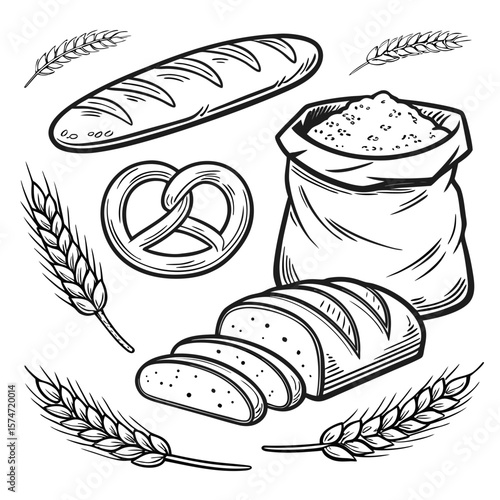 Vintage black and white hand-drawn vector illustration of assorted bakery breads, including baguette, croissant, pretzel, and flour sack with wheat, ideal for bakery packaging, labels, and menu design