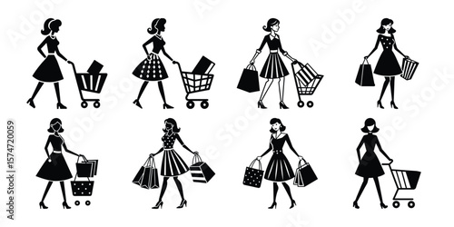 Shopping Girl  Silhouette Bundle Set on White Background 