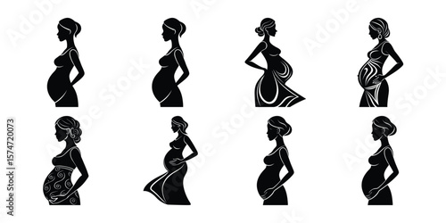 Pregnant mom silhouettes bundle on white Background 