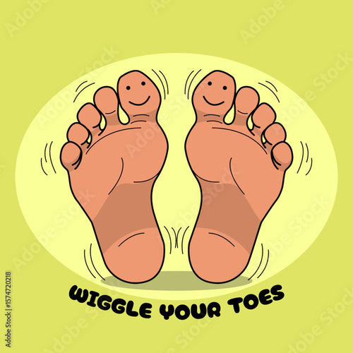 National Wiggle Your Toes Day to celebrate on August 6th. Illustration of wiggly toes with two big toes given eyes on bright yellow background.
