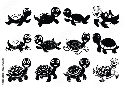 Funny Turtles  Silhouette Bundle  Set On White Background 