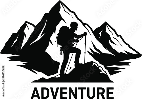 Silhouette of a hiker with a backpack climbing a mountain with trekking poles
