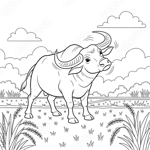 Strong buffalo standing in a grassy rice field — cartoon farm animal coloring page with horns, farmland fence, and countryside background for kids