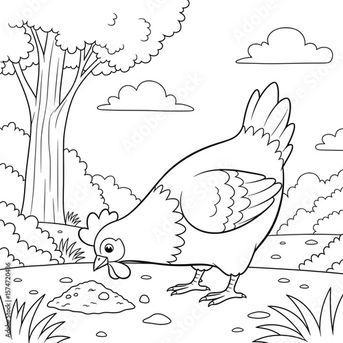 Cartoon hen eating grains in the countryside — farmyard chicken coloring page with trees, bushes, and nature background for kids and preschool learning