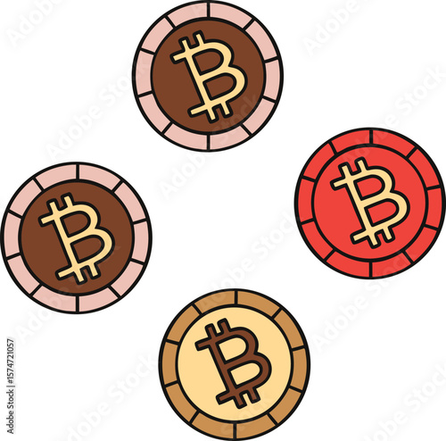 Four Bitcoin Cryptocurrency Coins in Different Colors