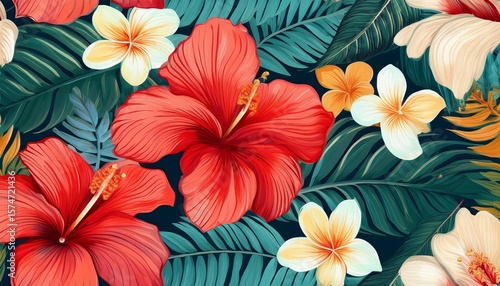 Wallpaper Mural seamless floral patterm with tropical leaves hibiscus and plumeria Torontodigital.ca