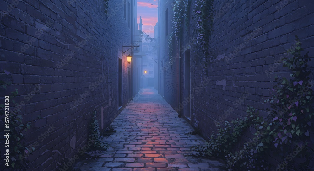 Peaceful Urban Alleyway at Night with Cobblestone Path and Soft Candlelight Glow Peaceful Urban Alleyway at Night with Cobblestone Path and Soft Candlelight Glow
