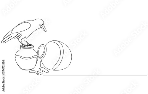 Bird Drinking Water from Clay Pot as It Spills Over continuous line art drawing