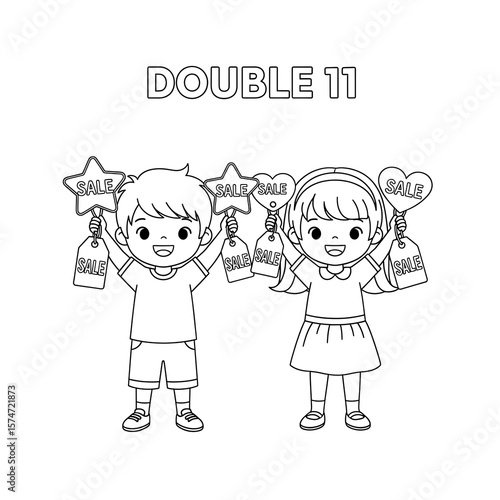 Two happy cartoon children holding sale tags and stars with the text double 11 isolated on transparent background
