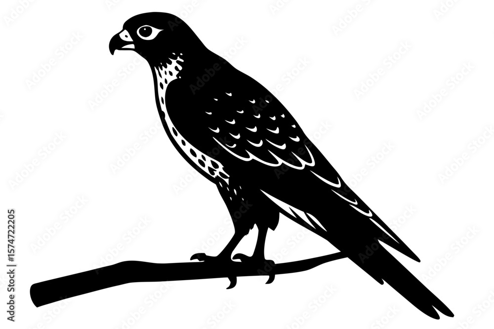 Fototapeta premium Falcon bird perched on branch black and white silhouette vector illustration