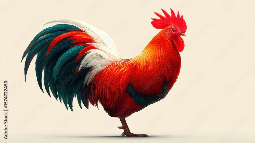 Fototapeta premium Vibrant Red Rooster Profile with colorful feathers on light background