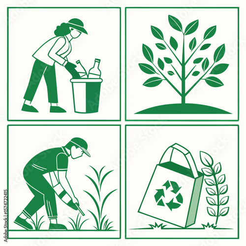 Illustration showing a woman recycling bottles, a tree, a man planting, and a recycle bag image, green art