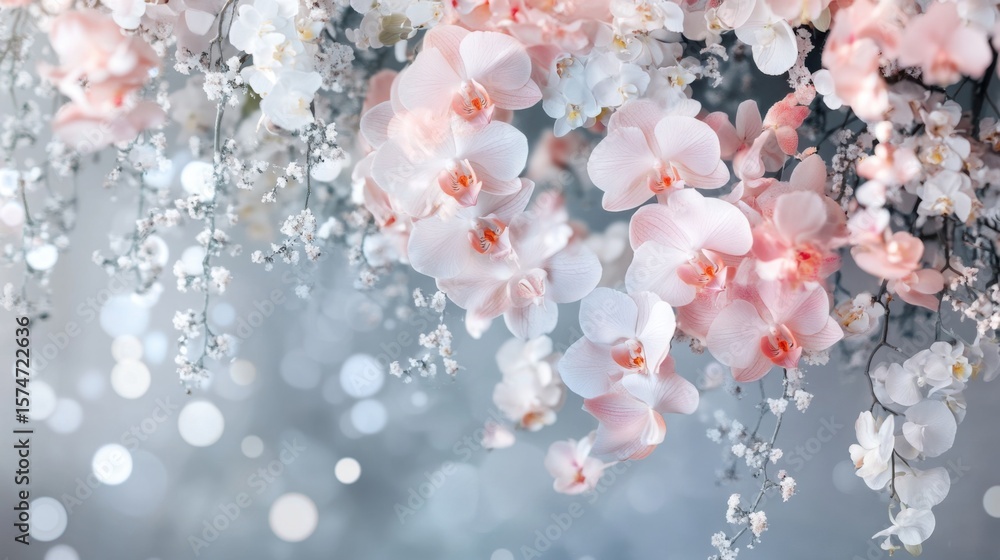 Obraz premium Elegant cascading orchids with delicate petals flowing gracefully, set in a soft, dreamy atmosphere. Gentle pastel tones with diffused lighting 