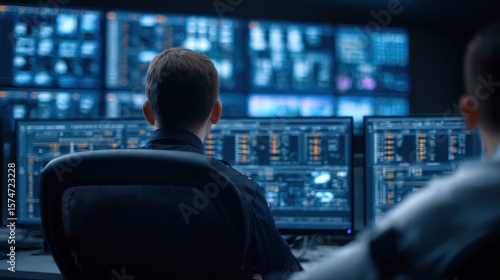 A person monitors multiple digital screens displaying complex data and analytics in a futuristic control room setting.