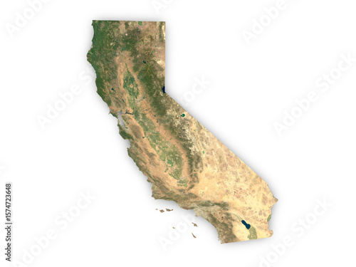 Realistic map of California isolated on transparent background. Contains modified Copernicus Sentinel data 2025.