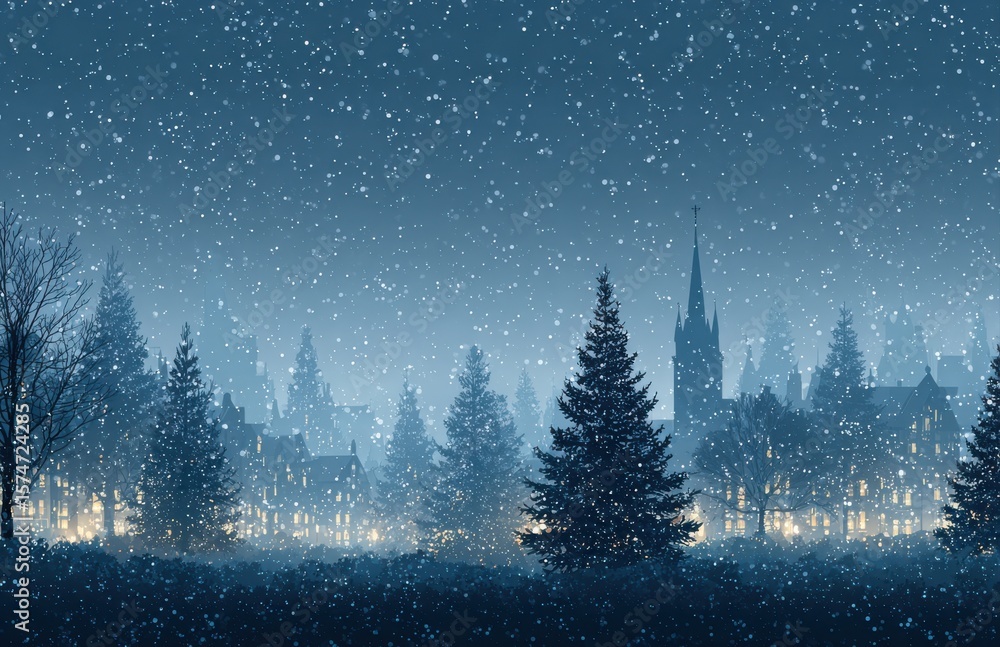 Naklejka premium Snow falling on small town with church and pine trees at twilight