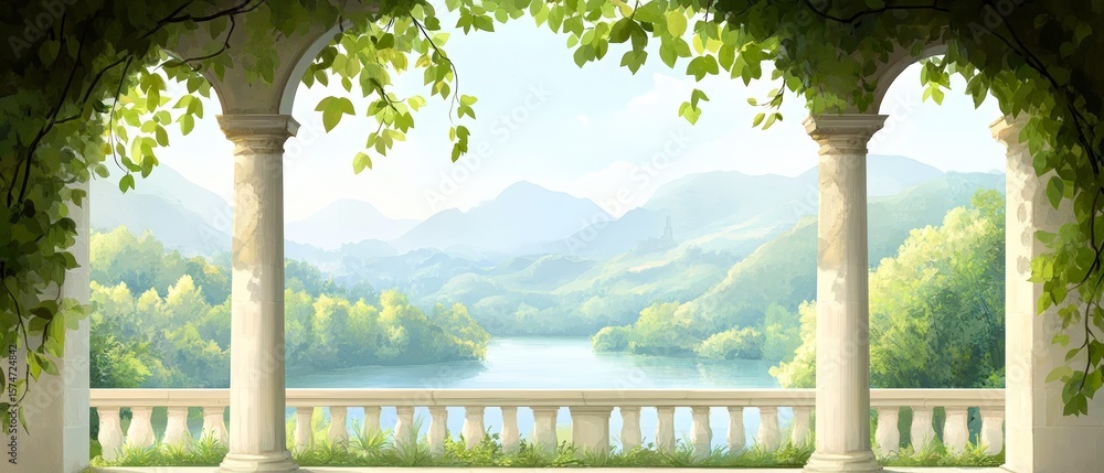 Fototapeta premium A serene view of a lush landscape is framed by elegant stone columns and greenery, This image is ideal for promoting relaxation, travel, or nature-related themes, It evokes tranquility and beauty,