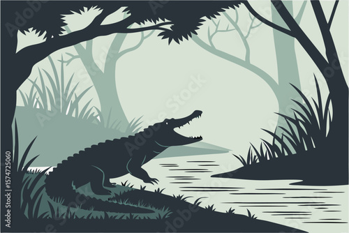 An alligator with open mouth in a swampy environment with trees and grass in a muted color palette