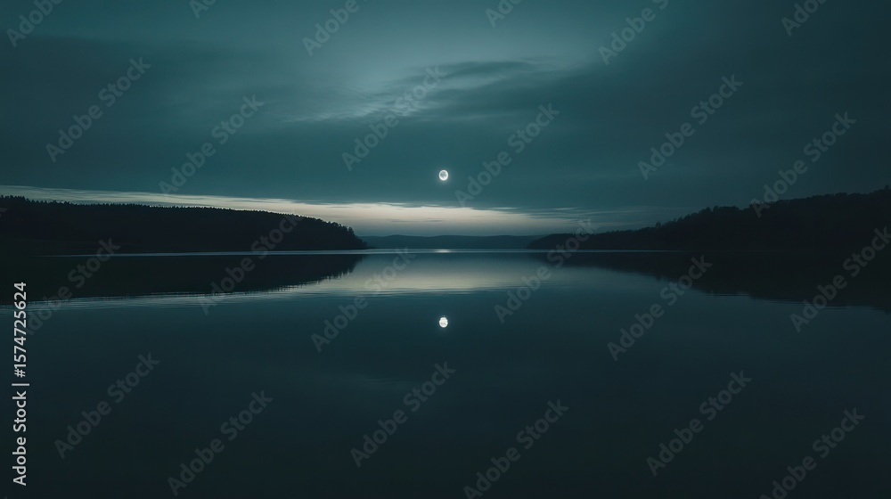 Fototapeta premium Full moon mirroring on tranquil dark lake water at dusk under cloudy sky