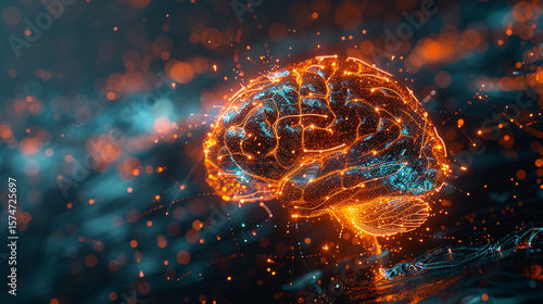 Creative knowledge concept with glowing brain, flowing data, and abstract learning visuals.