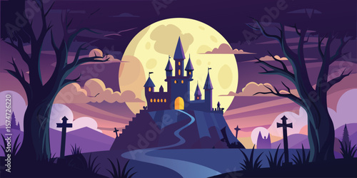 Horror Background with Full Moon and Bats