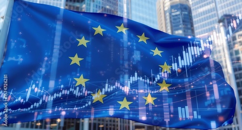 European Union Flag with Financial Stock Market Data in Background