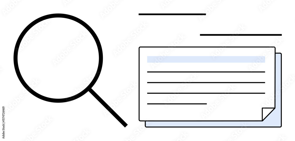 Magnifying glass beside layered documents suggesting research, analysis, or investigation. Ideal for topics thumbs up search, data review, learning, examination, discovery, organization simple flat Magnifying glass beside layered documents suggesting research, analysis, or investigation. Ideal for topics thumbs up search, data review, learning, examination, discovery, organization simple flat