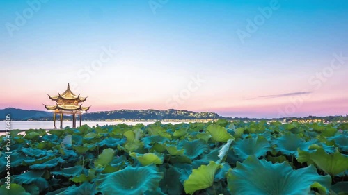 A tranquil sunset over the lotus pond and pavilion in hangzhou