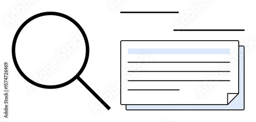 Magnifying glass beside layered documents suggesting research, analysis, or investigation. Ideal for topics thumbs up search, data review, learning, examination, discovery, organization simple flat